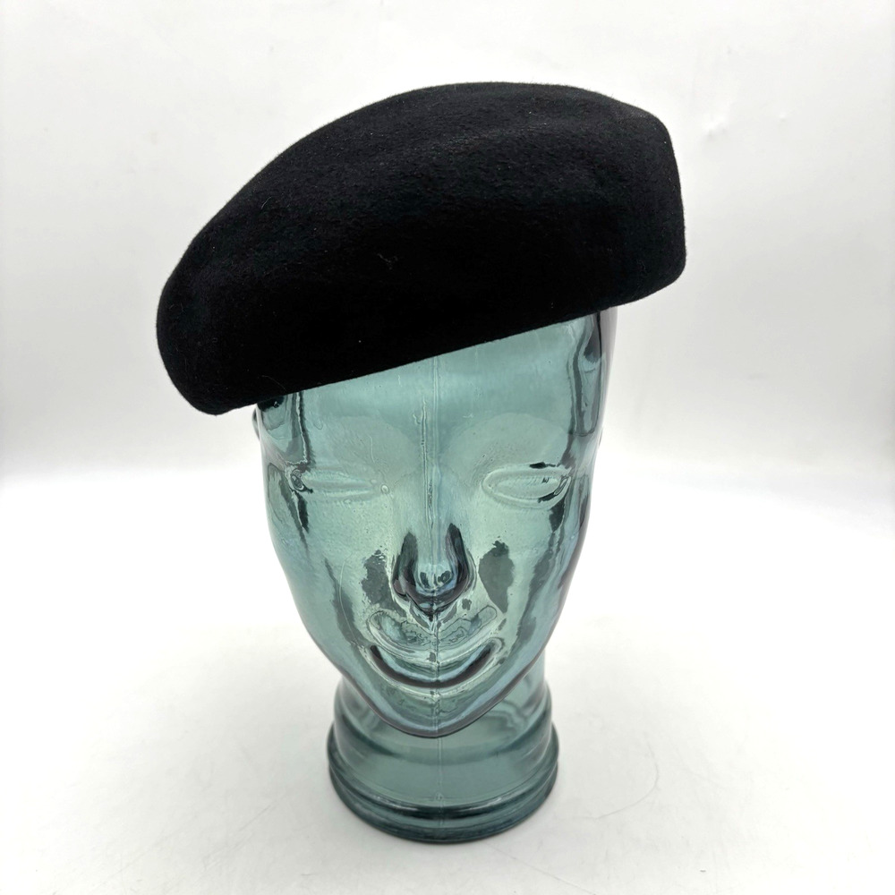 Vintage 1960s Henry Pollak New York Black 'Supra-Felt' Pillbox Beret Hat 21.5"